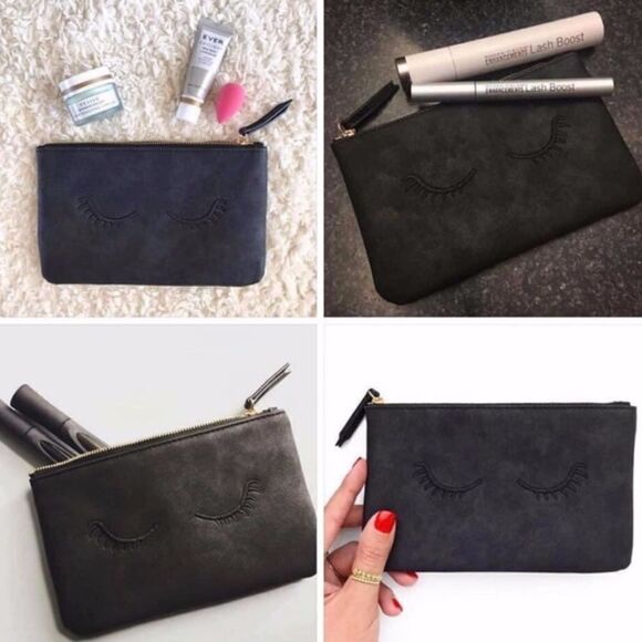 Stella & Dot Black Embroidered Eyelash Mini Pouch — Vegan Leather - Picture 2 of 6